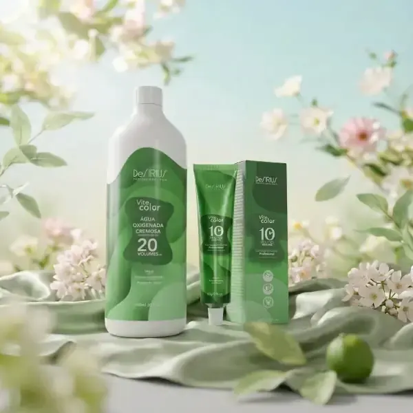 Composição de produtos verdes com flores e iluminação suave